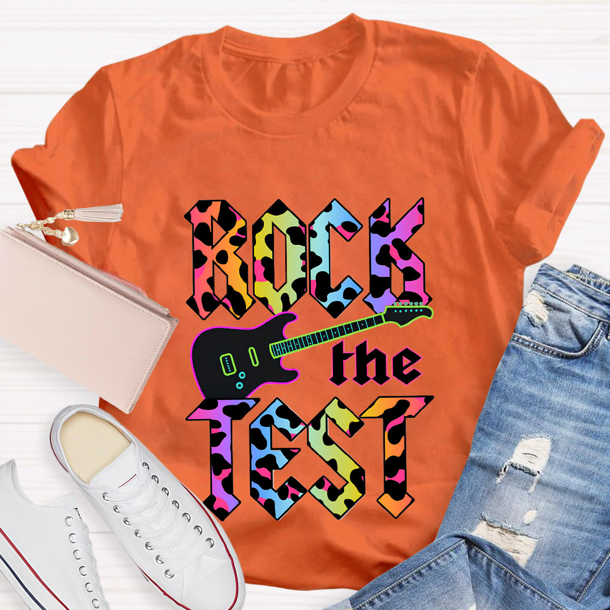Rock The Test Colorful Leopard Print Teacher T-Shirt