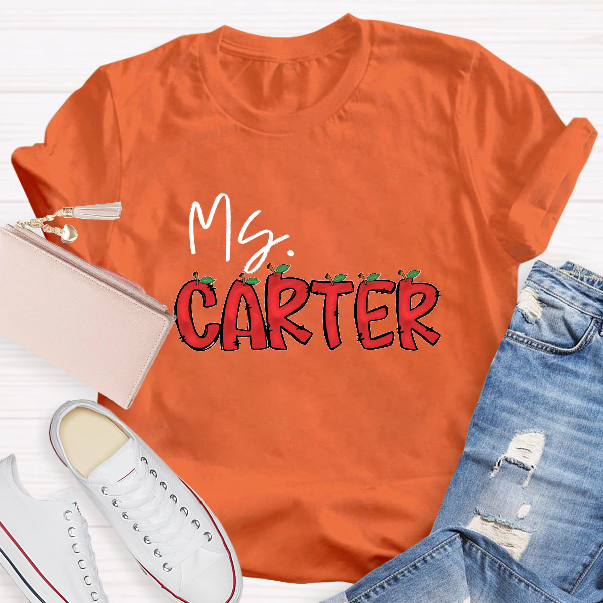 Personalized Teacher's Name Red Apple Letter  T-Shirt