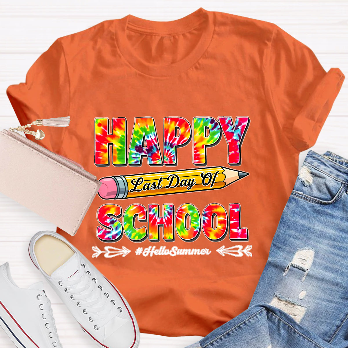 Happy Last Day Of School Hello Summer Colorful Pencil Teacher T-Shirt