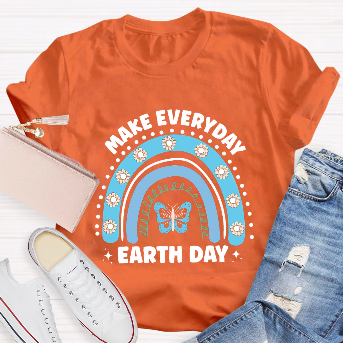 Make Everyday Earth Day Butterfly Flower Rainbow T-Shirt