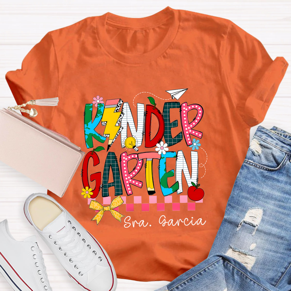 Personalized Grade And Name  Apple Pencil light Teacher T-Shirt