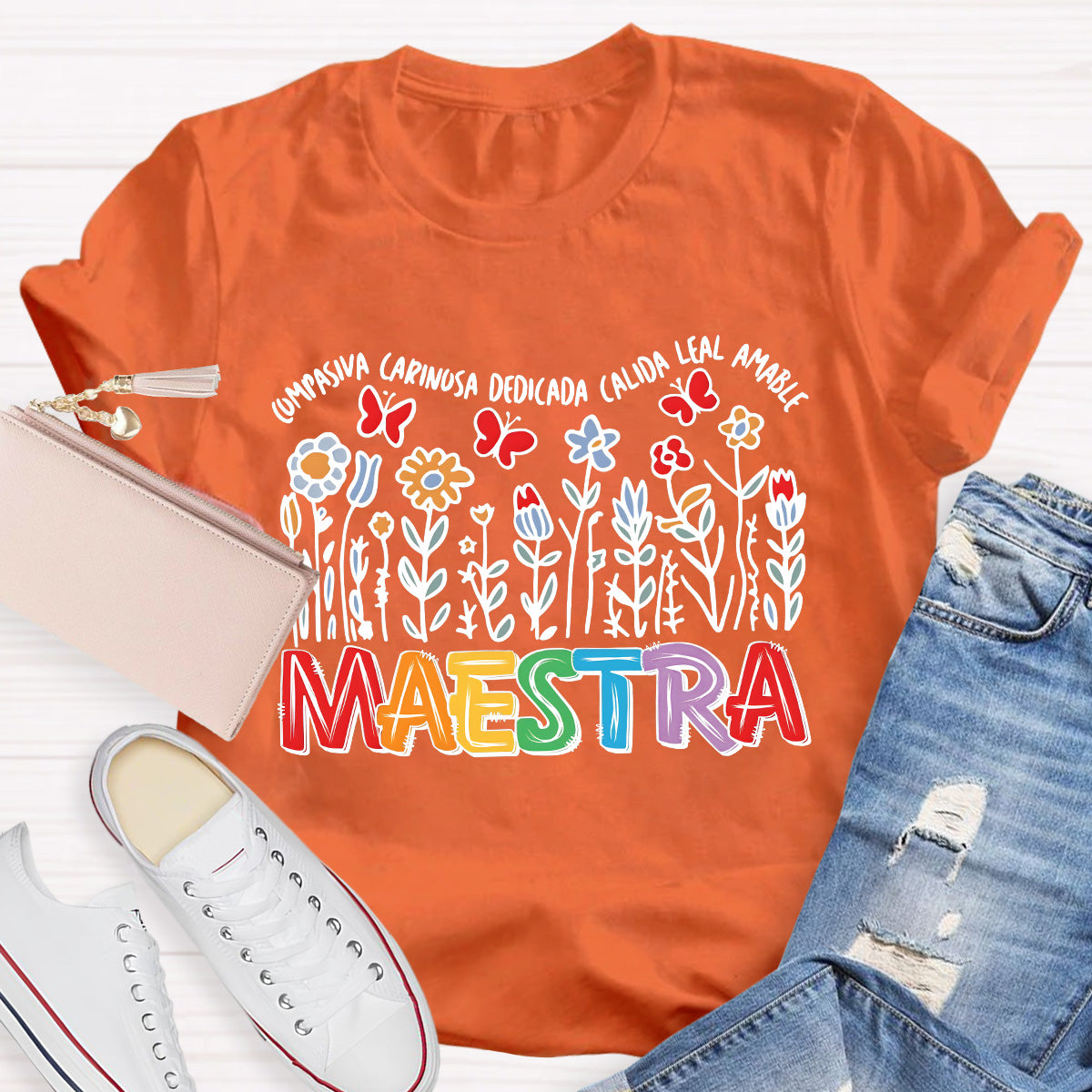 Maestra Butterfly And Flowers Teacher T-Shirt