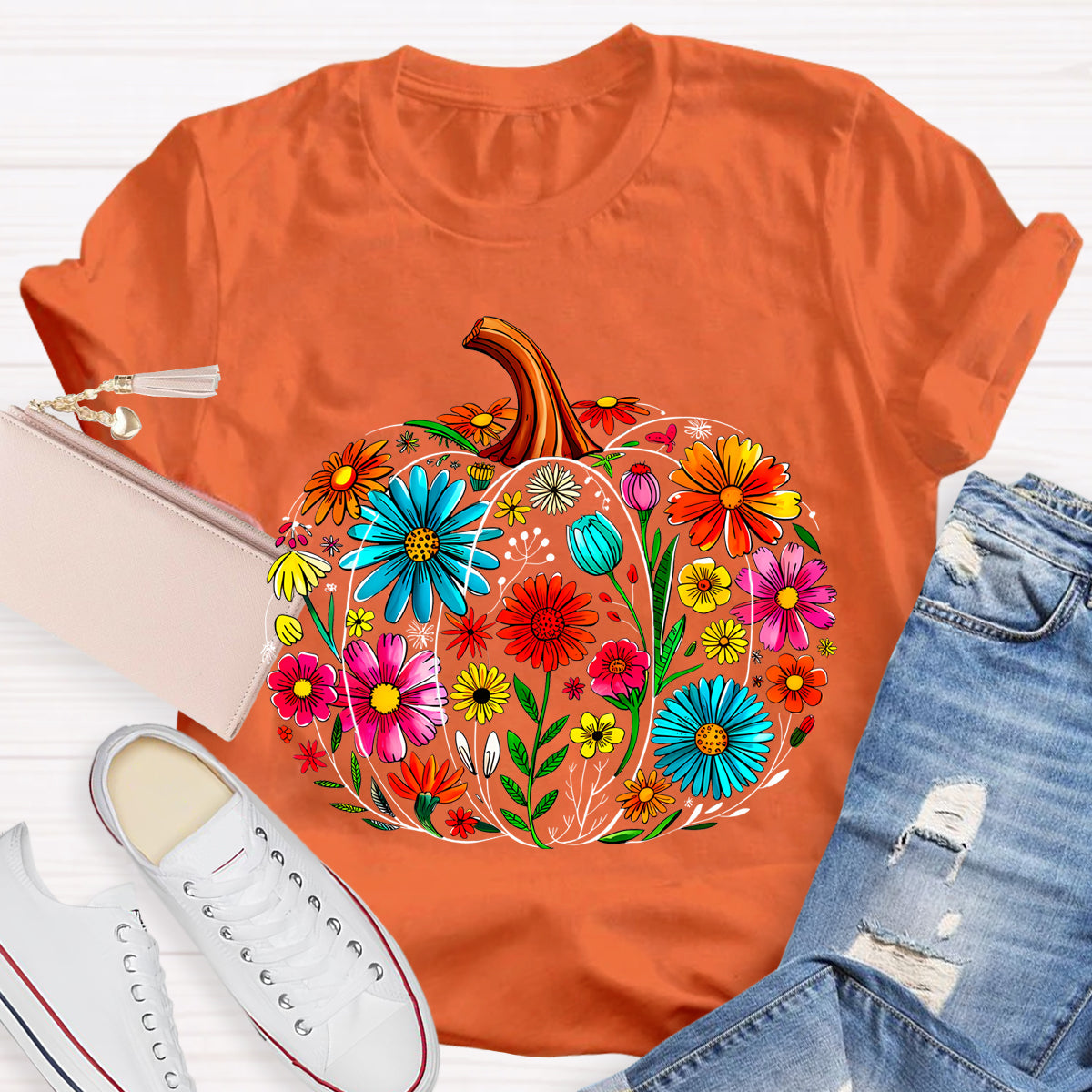 Maestra Pumpkin-Shaped Flowers Bilingual Teacher T-shirt
