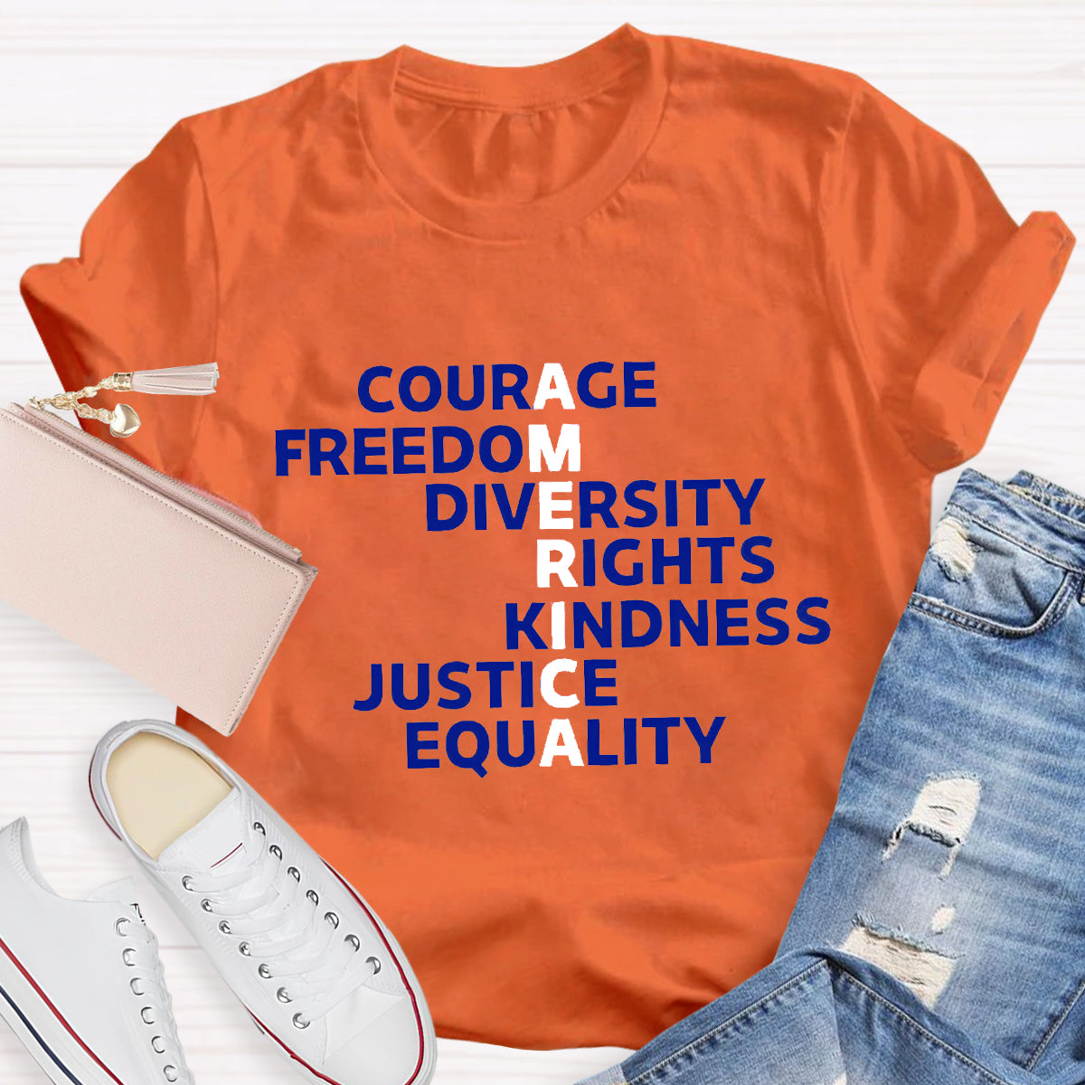 Courage Freedom Diversity Right Kindness Justice Equality America Teacher T-Shirt