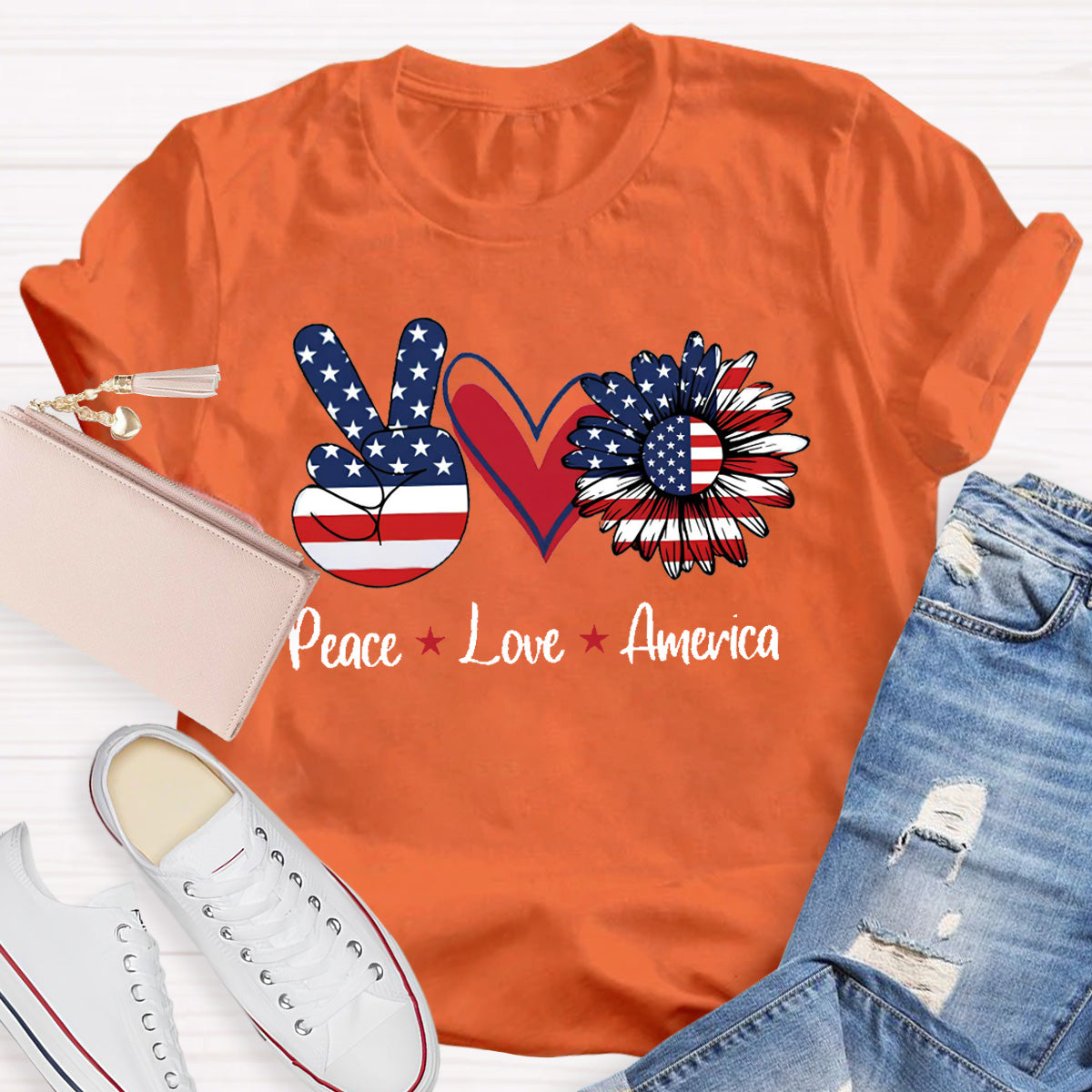 Peace Love America Star Teacher T-Shirt