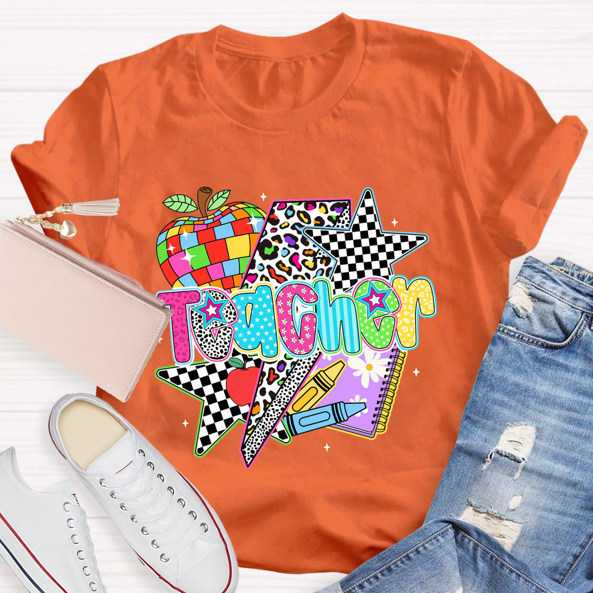 Colorful Leopard Apple Teacher Back To School T-Shirt