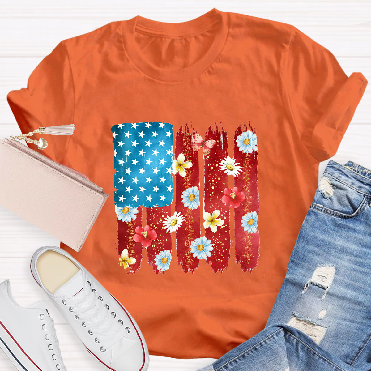 US Flag Flower Strip Star Teacher T-Shirt