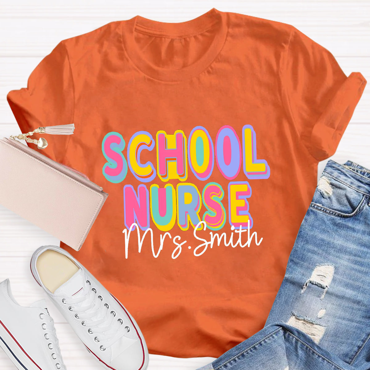 Personalized School Nurse Name Colorful Printed Letter T-Shirt