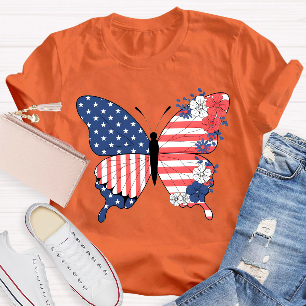 American Flag Butterfly Teacher T-Shirt