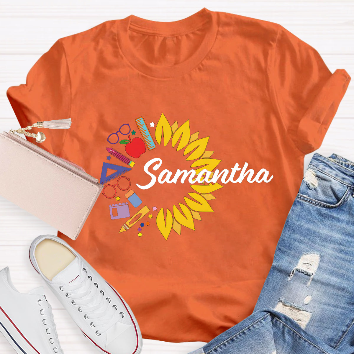 Personalized Name Sunflower Pencil Samantha Teacher T-Shirt