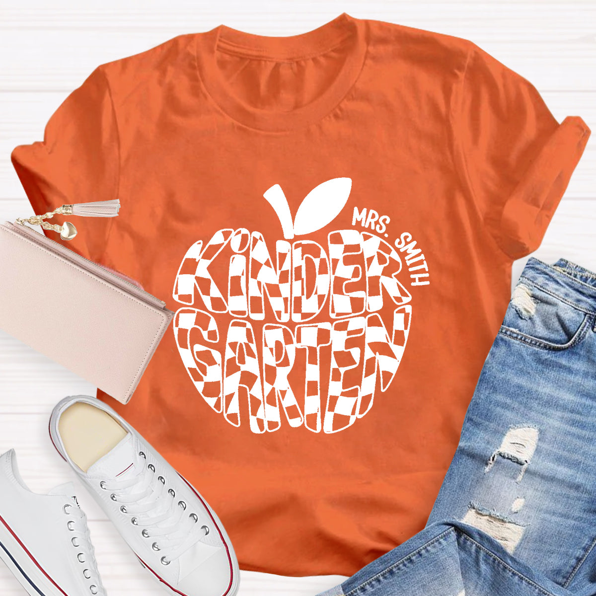 Personalized Name Kinder Garten Teacher Apple T-Shirt