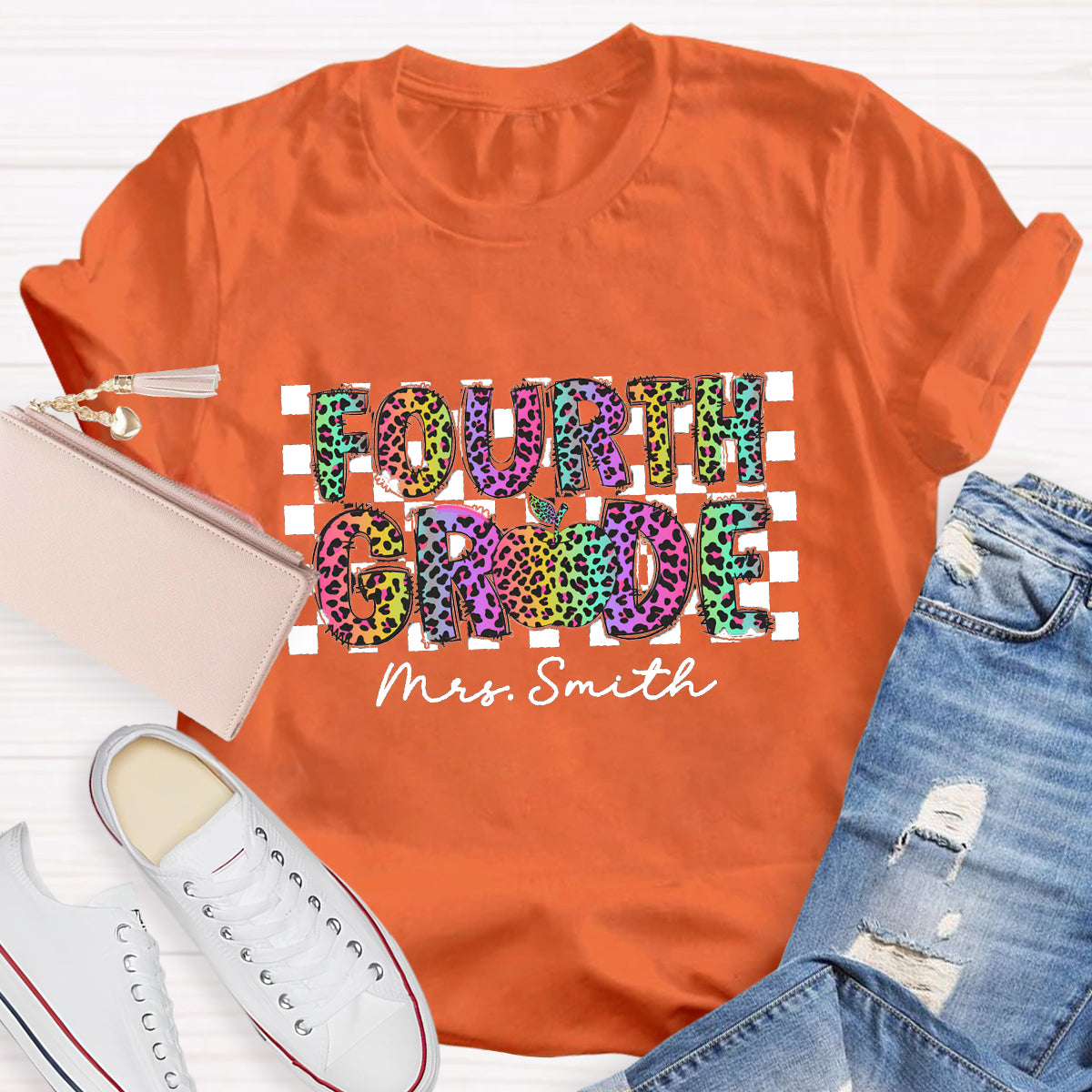 Personalized Grade And Name Colorful Leopard Print Teacher T-Shirt