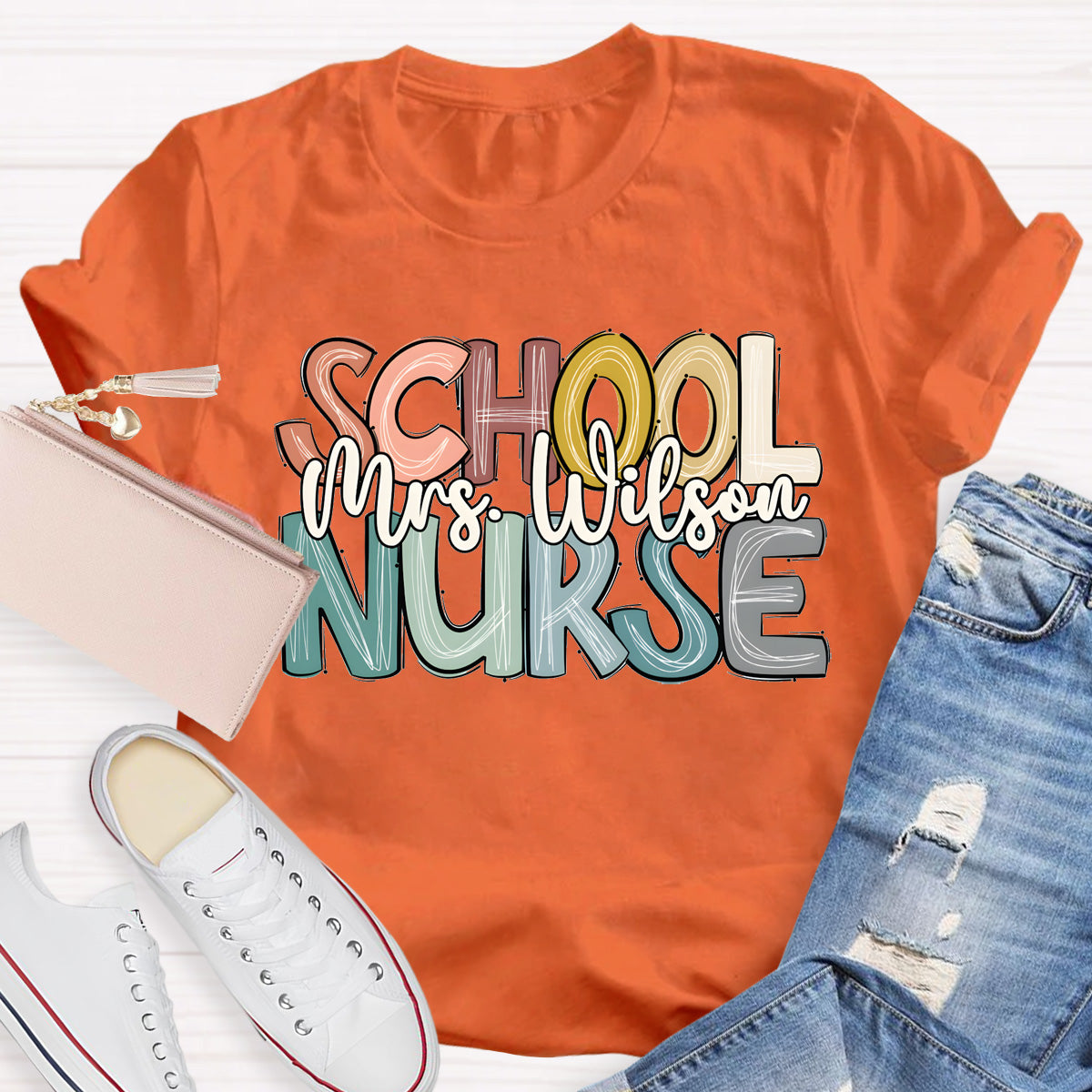 Personalized School Nurse Name Colorful Letter T-Shirt