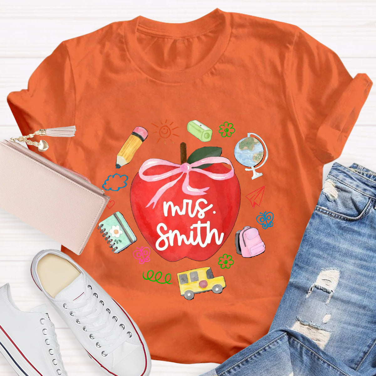 Personalized Name Red Apple Teacher T-Shirt