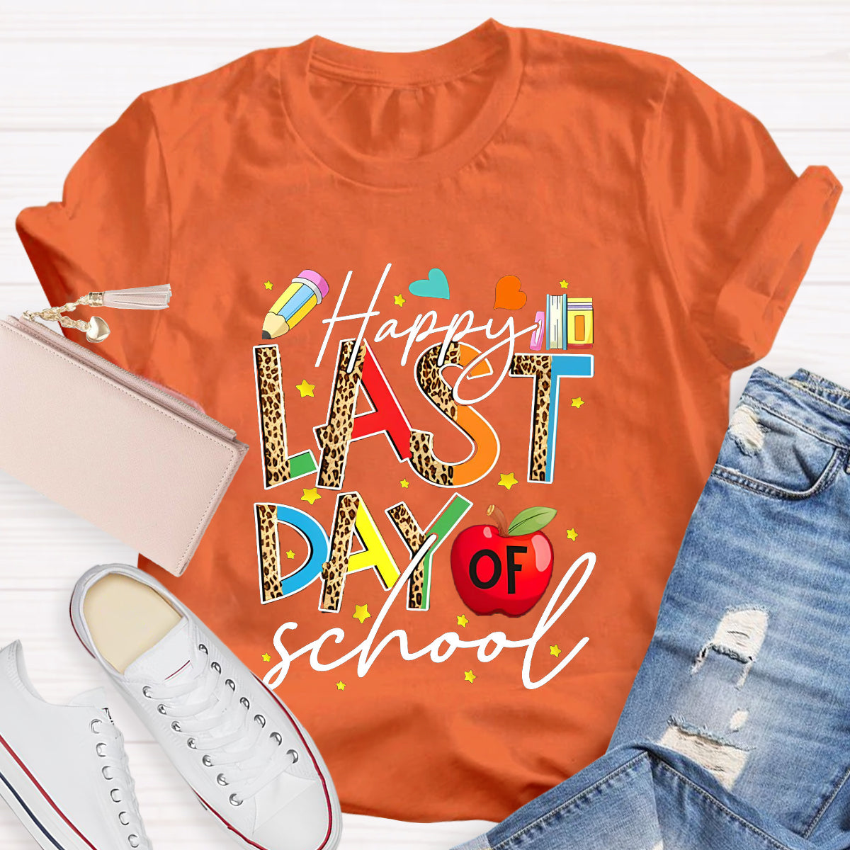 Happy Last Day Of School Leopard Printed Teacher T-Shirt