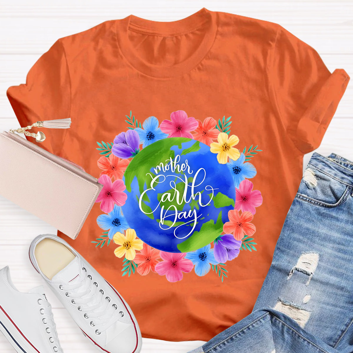 Blue Earth Day Floral Teacher T-Shirt