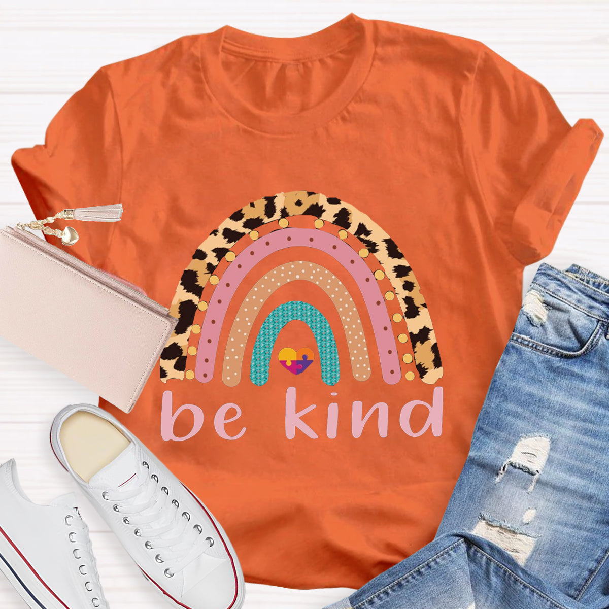 Be Kind Leopard Rainbow Colorful Heart T-Shirt