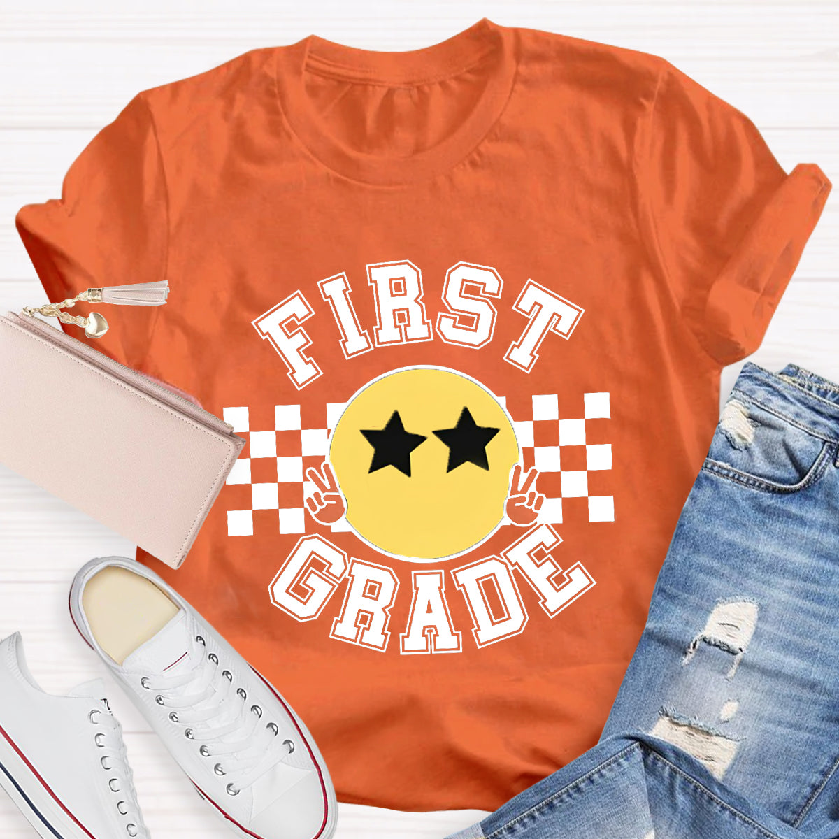 Personalized Grade Chessboard Pattern Teacher T-Shirt