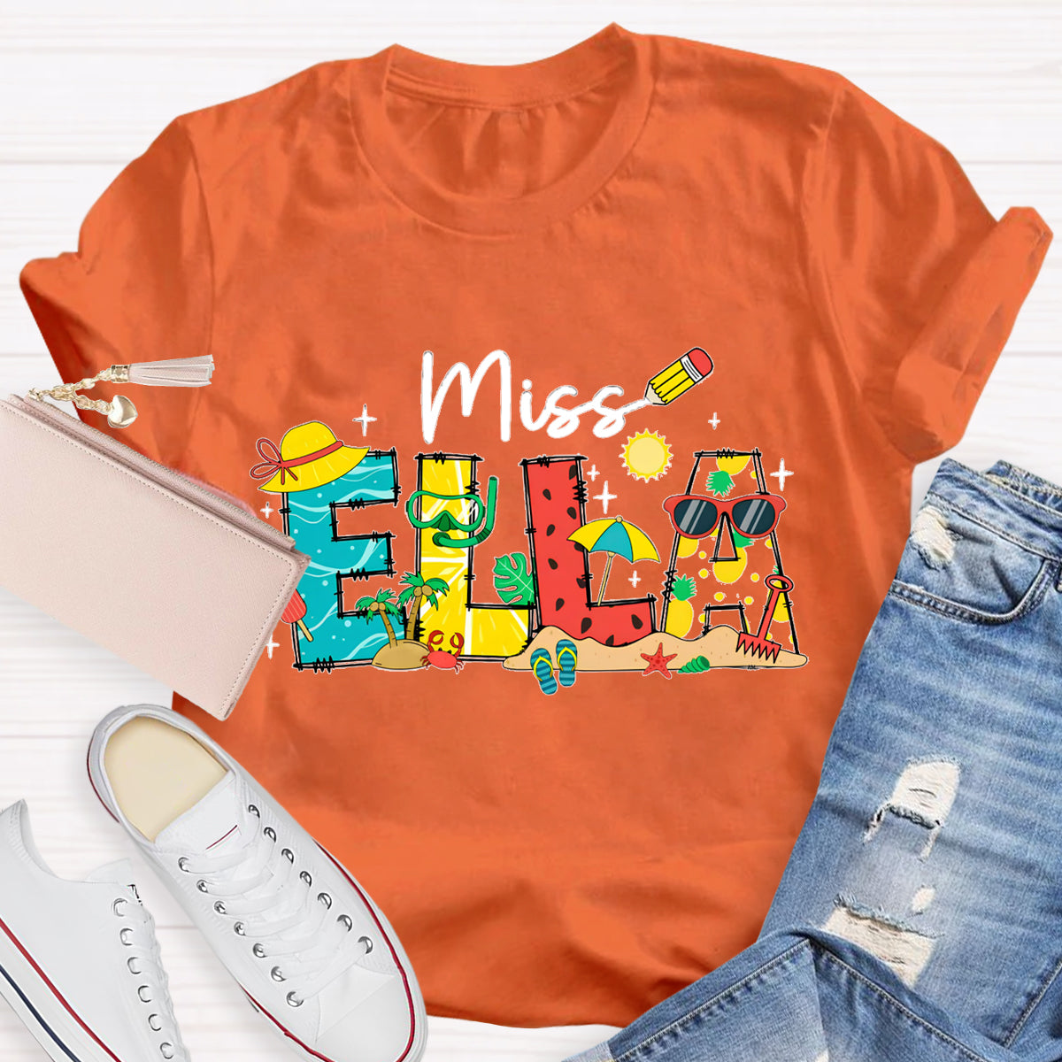 Personalized Name Summer Break Beach Teacher T-Shirt