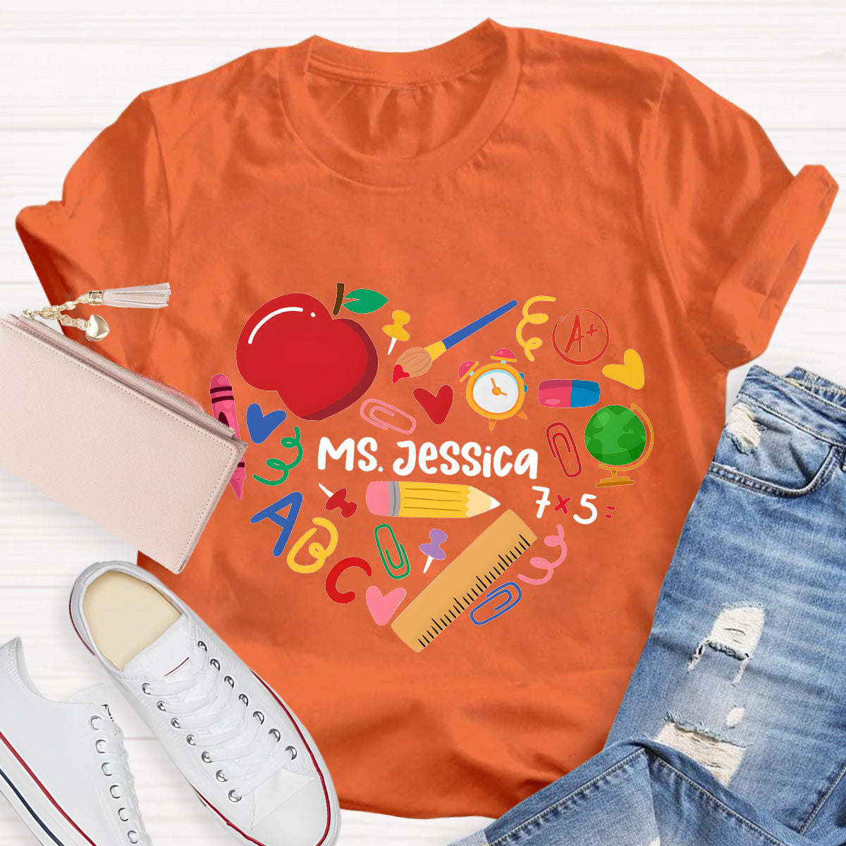 Personalized Name Apple And Heart Teacher T-Shirt
