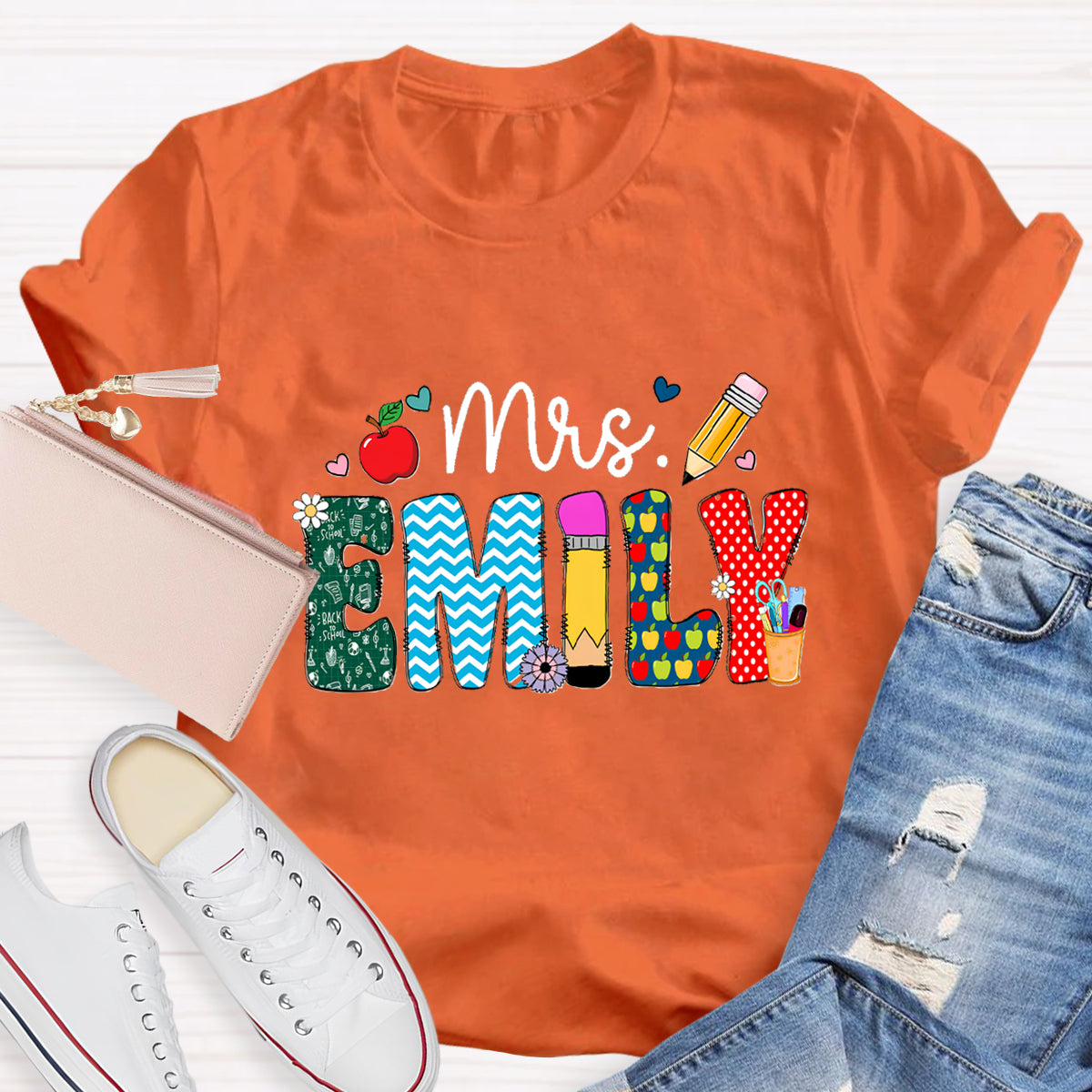 Personalized Name Beautiful Flower Emily Teacher T-Shirt