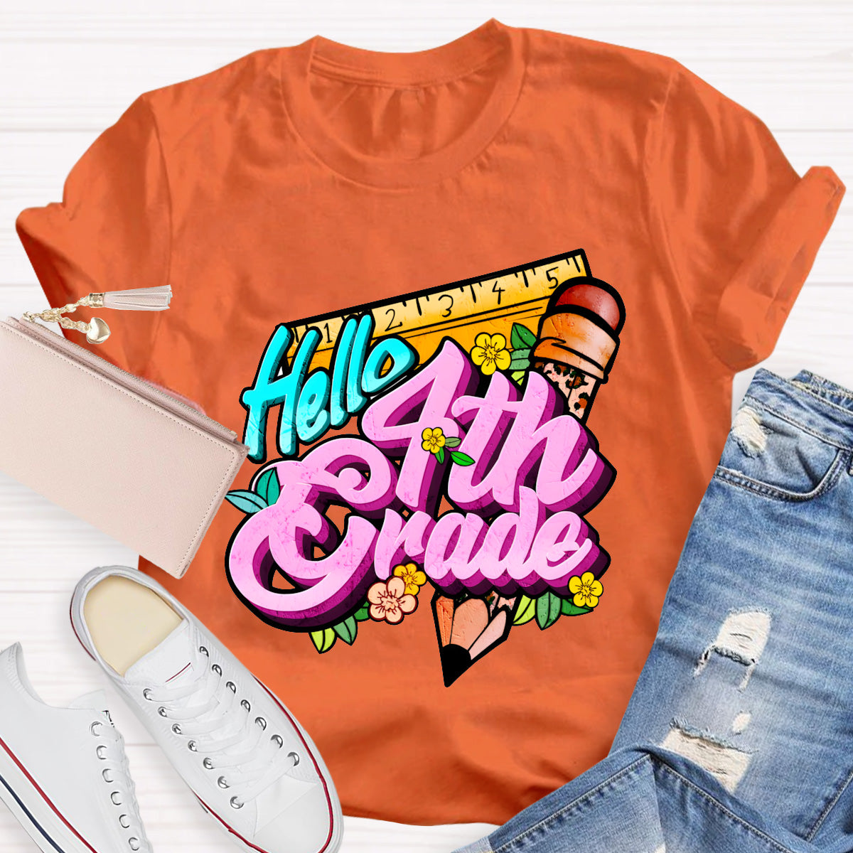 Personalized Grade Hello 4th Grade Back To School Teacher T-Shirt