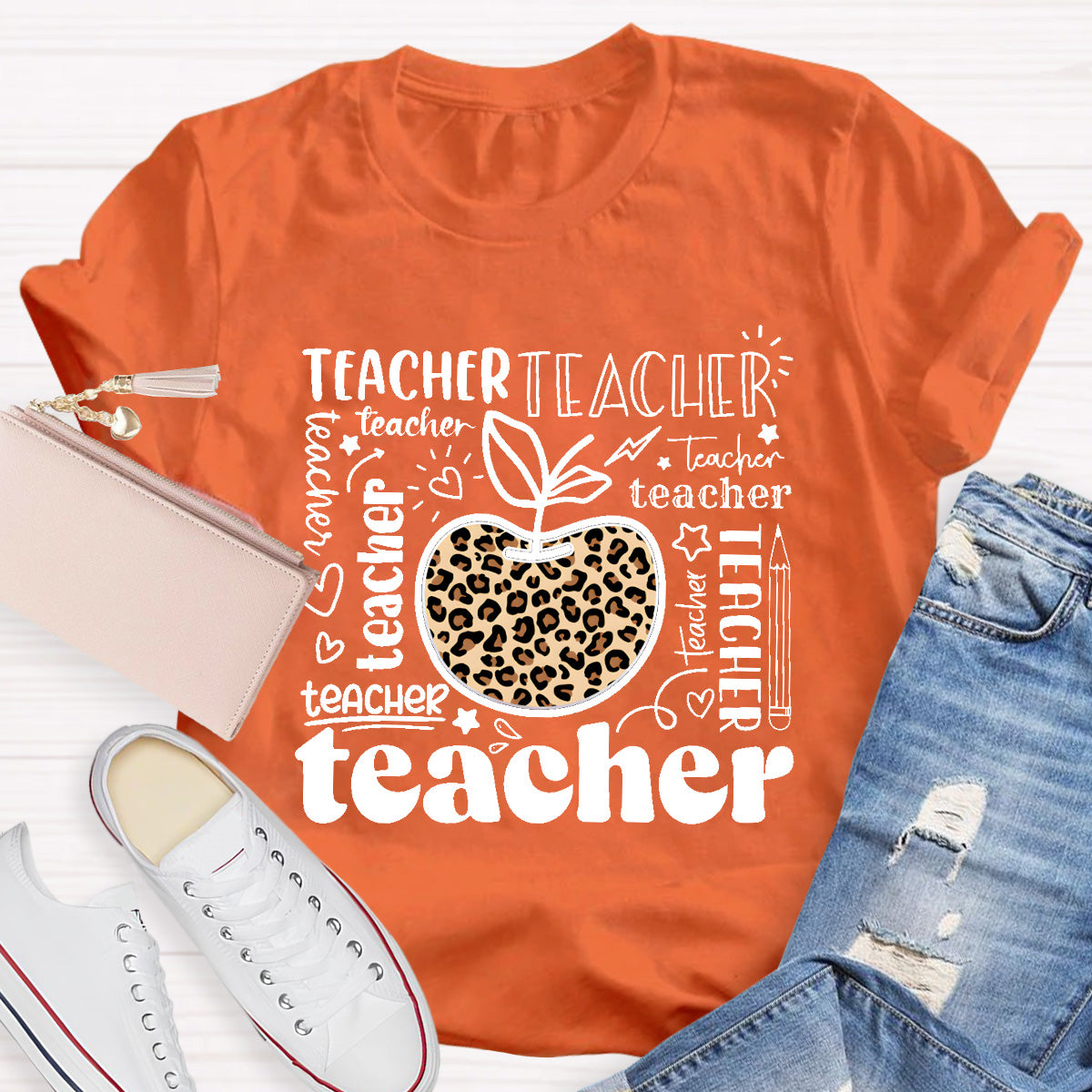 Teacher Various Fonts Various Fonts Leopard Apple T-Shirt