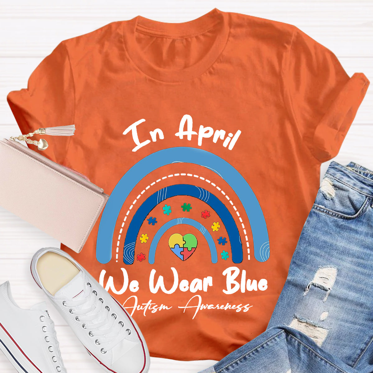 In April We Wear Blue Rainbow Teacher T-Shirt