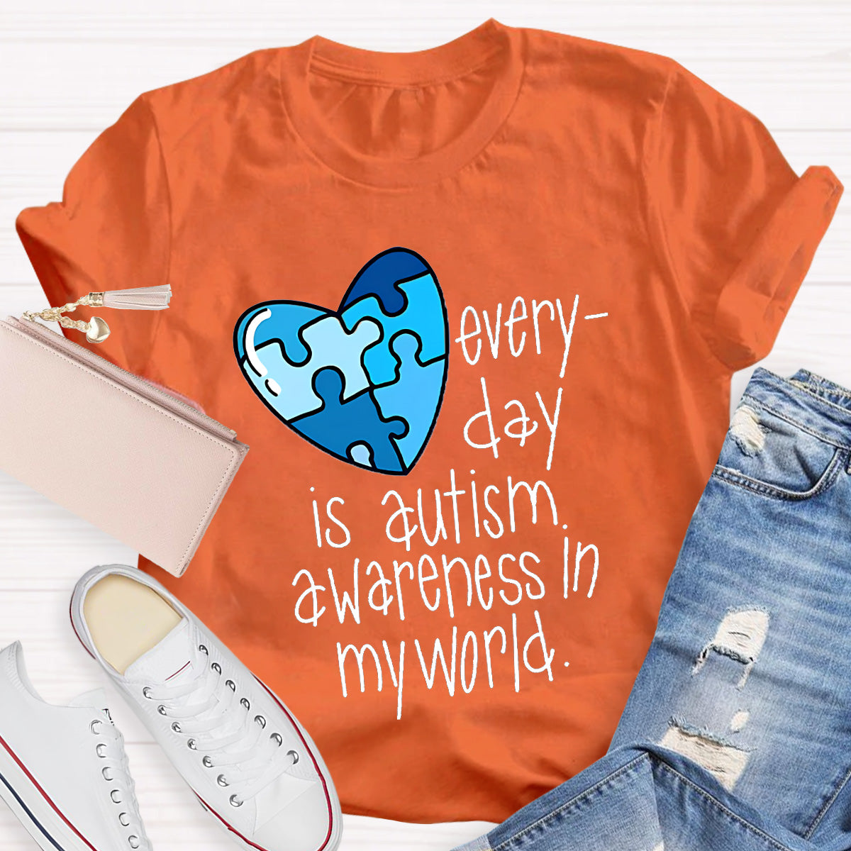 Blue Heart Awareness In My World Teacher T-Shirt