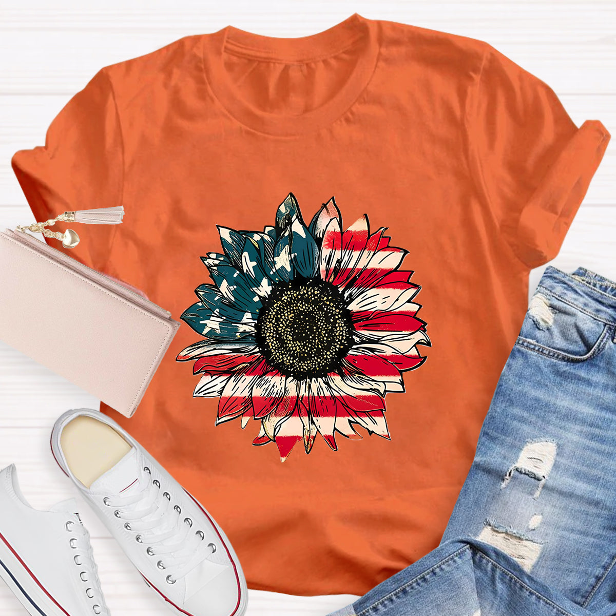 US Flag Flower Teacher T-Shirt