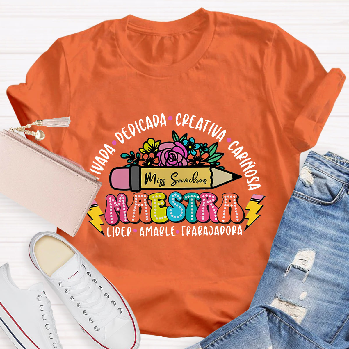 Personalize Name Maestra  Pencil  Teacher T-Shirt