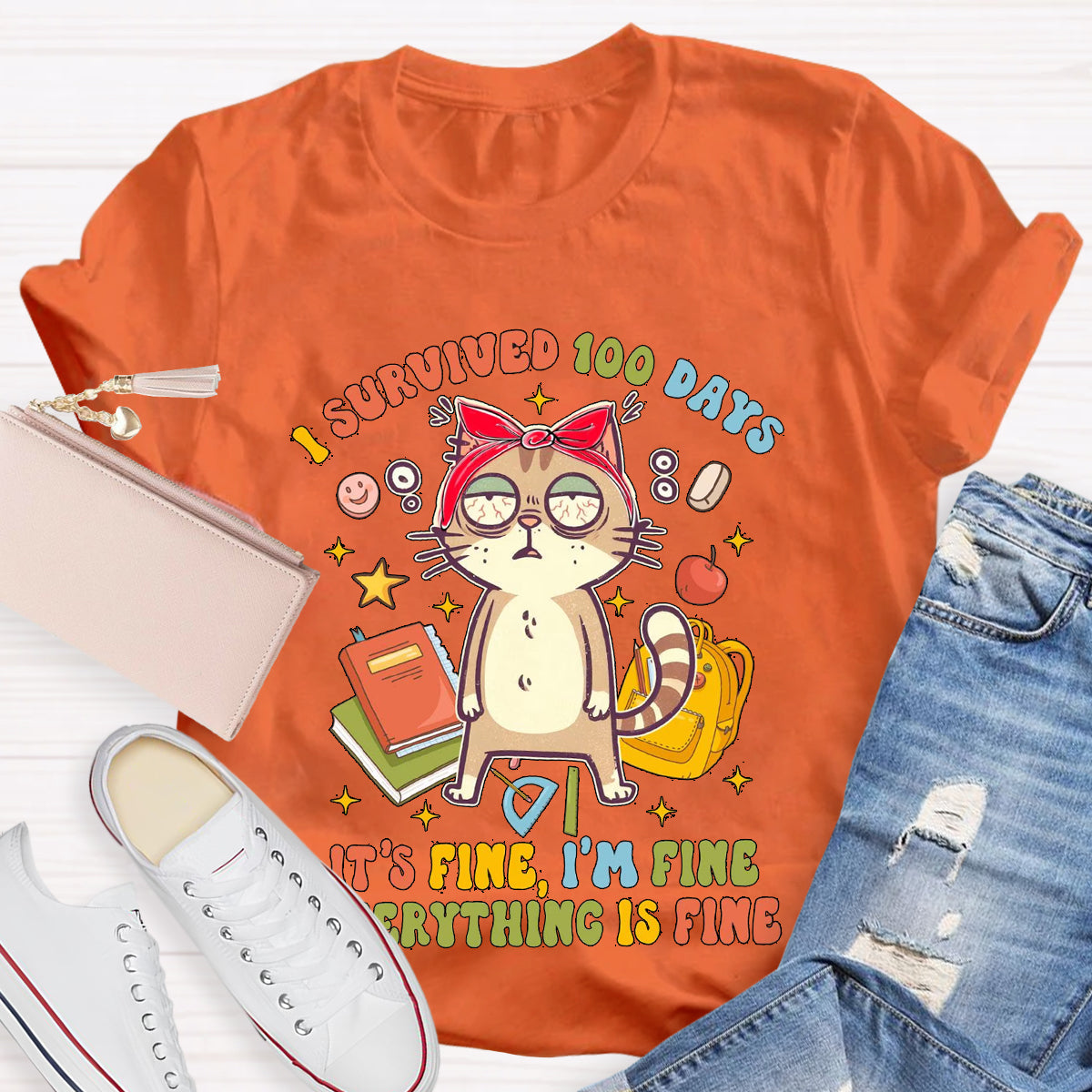 I Survived 100 Days Everything Is Fine Funny Cat T-Shirt