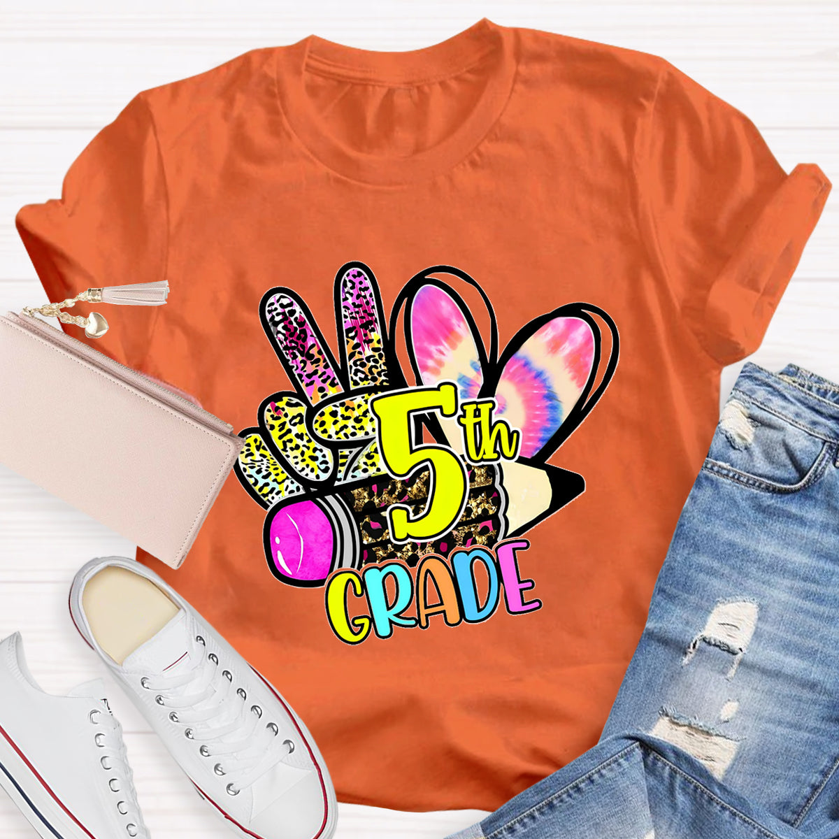 Personalized Grade Colorful Leopard Heart 5th Grade Teacher T-Shirt