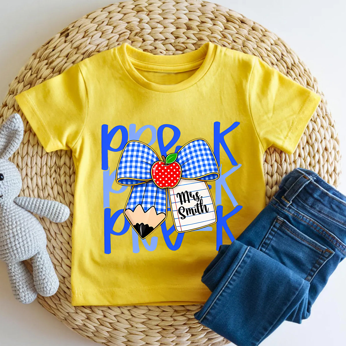 Personalized Name And Grade Pre-K Apple Bow Toddler T-shirts