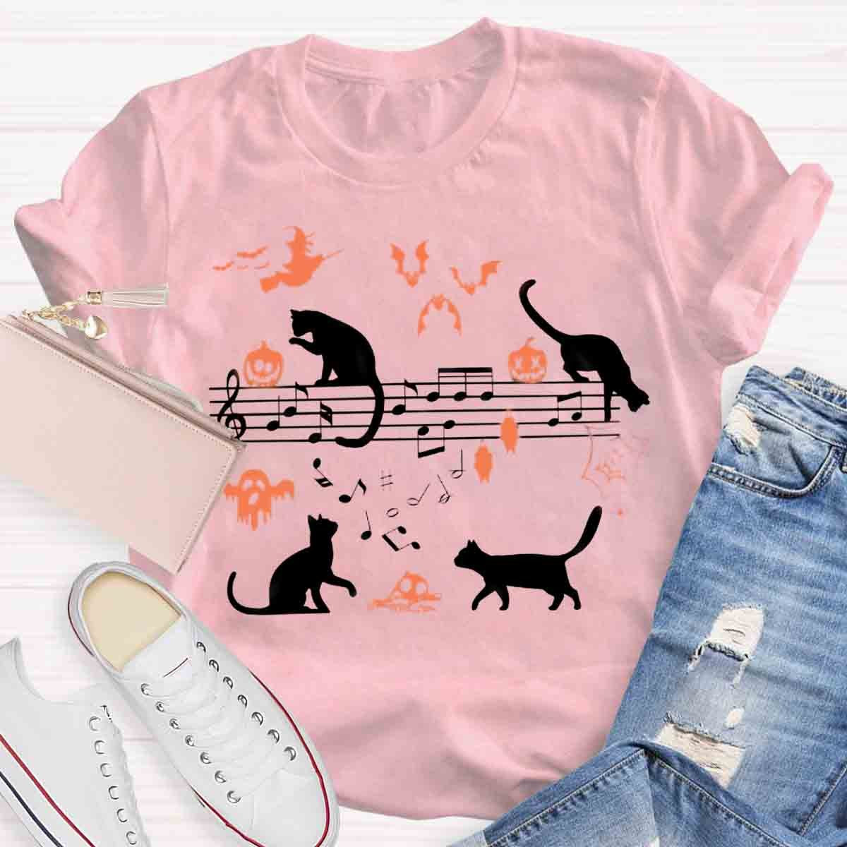Ghost Cat Music Notes Halloween Music Teacher T-Shirt
