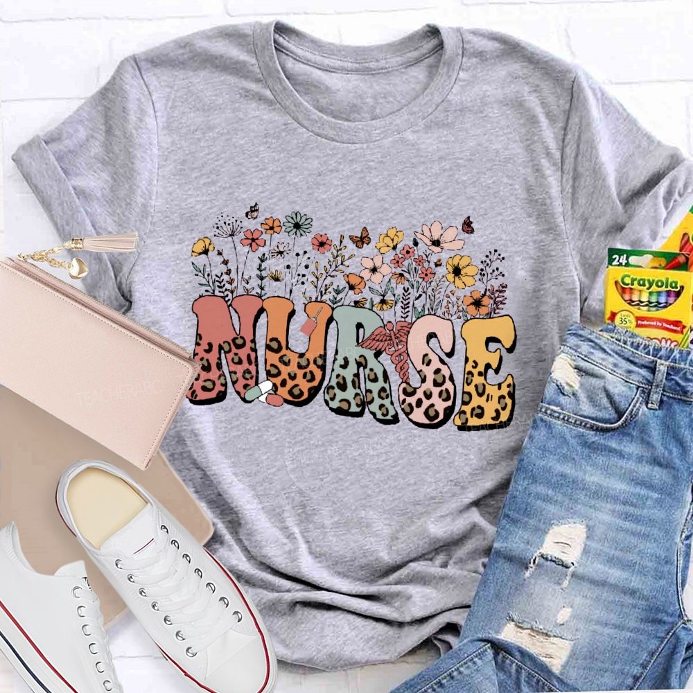 Floral Leopard School Nurse Teacher T-Shirt