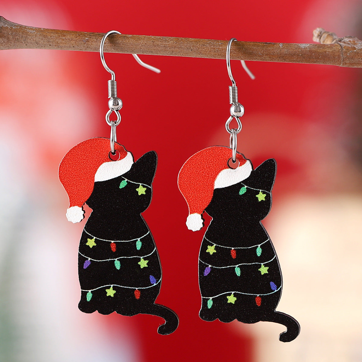 Christmas hat and colorful lights black cat pendant earrings
