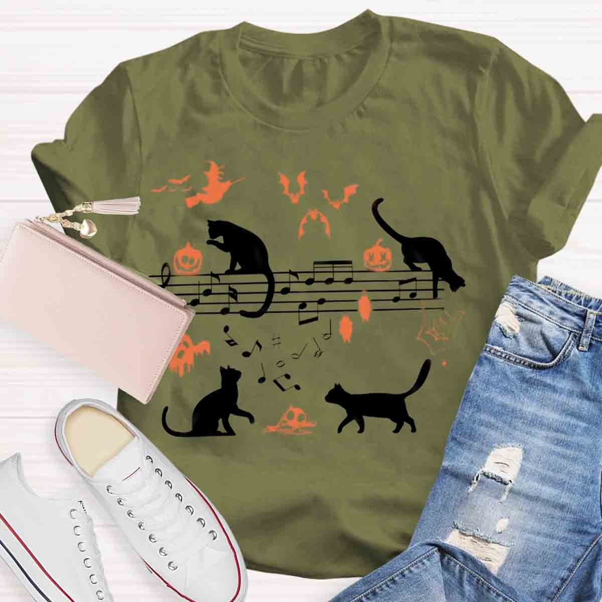 Ghost Cat Music Notes Halloween Music Teacher T-Shirt