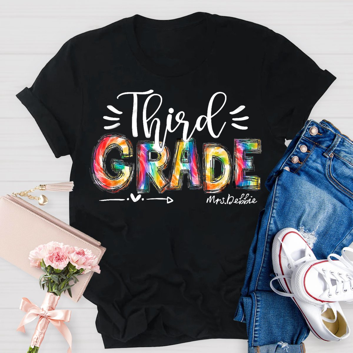 Personalized  Grade And Name Colorful Printed Teacher Back To School T-Shirt