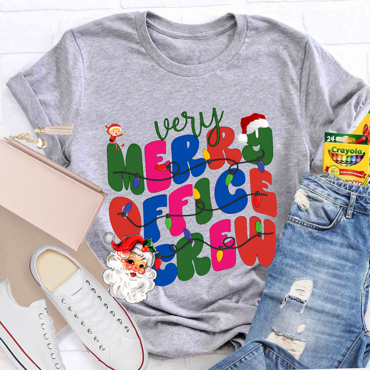 Very Merry Office Crew Santa Claus And Colorful Fonts T-shirt