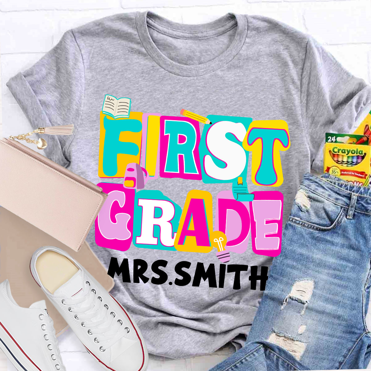 Personalized Grade And Name Colorful Letter Squad Pencil Teacher T-shirt