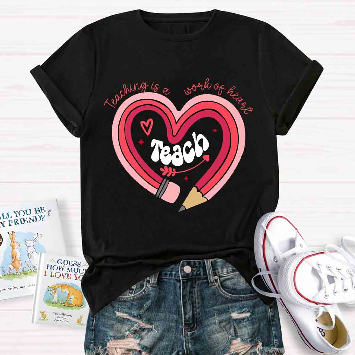 Teaching Is A Work Of Heart Pencil Teacher T-Shirt