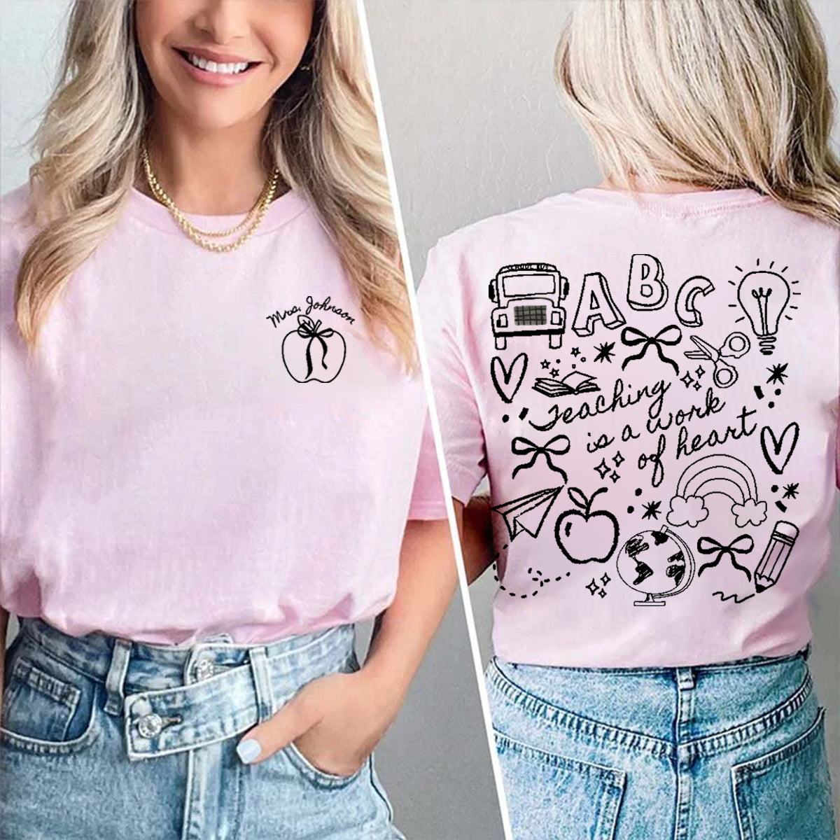 Personalized Grade Teaching Is A Work Of Heart Apple Double Printed T-shirt