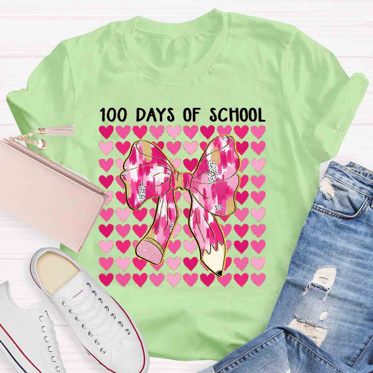 100 Days Of School Pink Heart Bow Teacher T-Shirt
