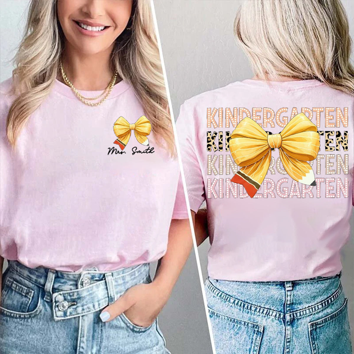 Personalized Grade And Name Pink Bow Double Printed T-shirt