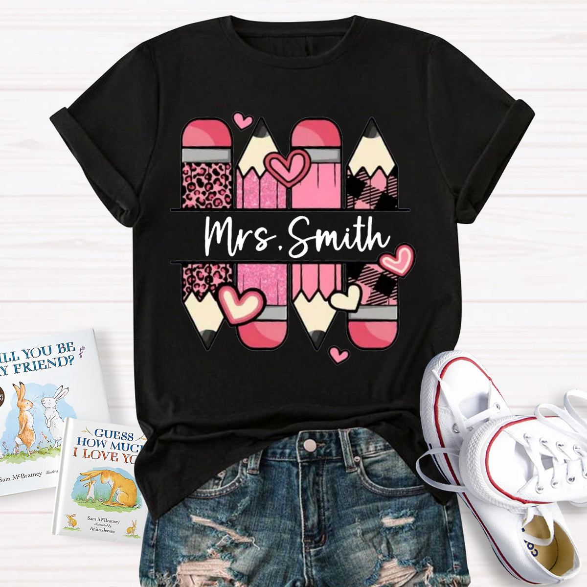 Personalized Name Pink Pencil Heart Mrs Smith T-Shirt