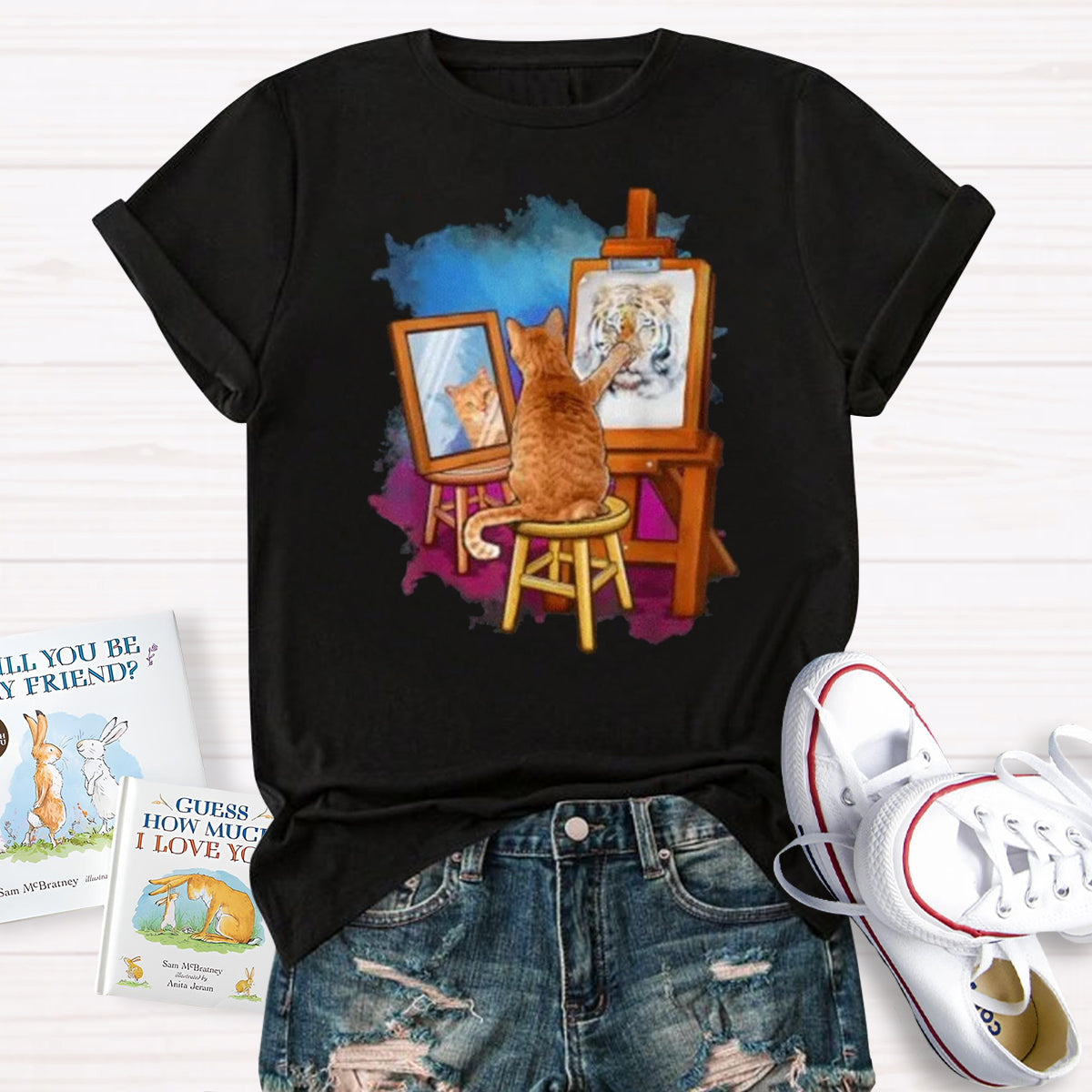 Funny Cat Painting Lion Teacher T-Shirt