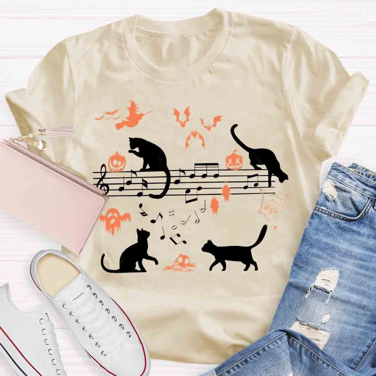 Ghost Cat Music Notes Halloween Music Teacher T-Shirt