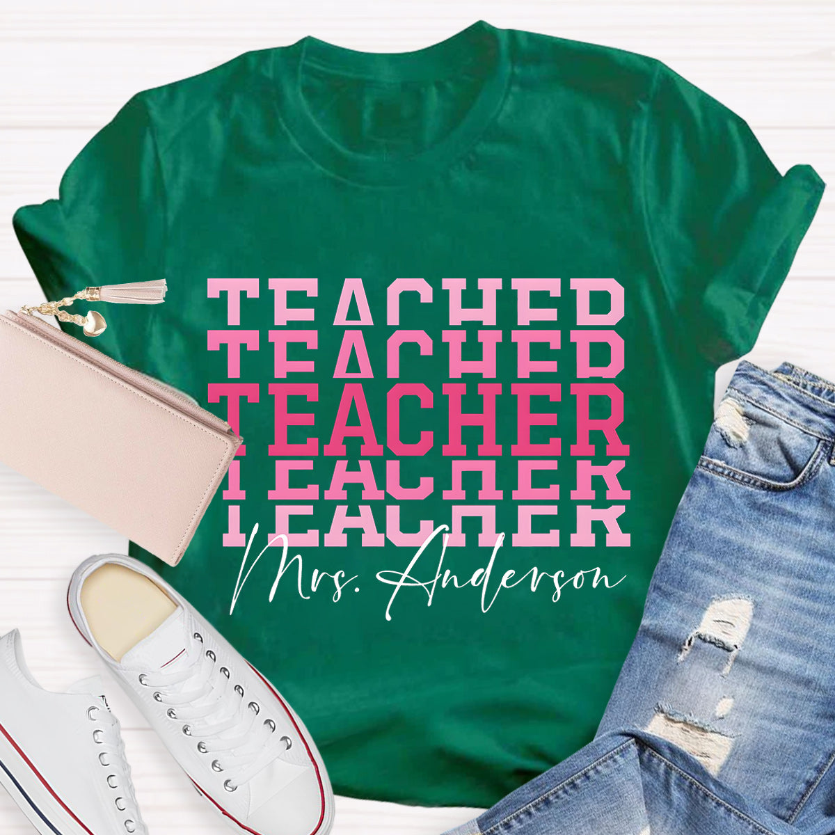 Personalize Name Pink Teacher T-Shirt