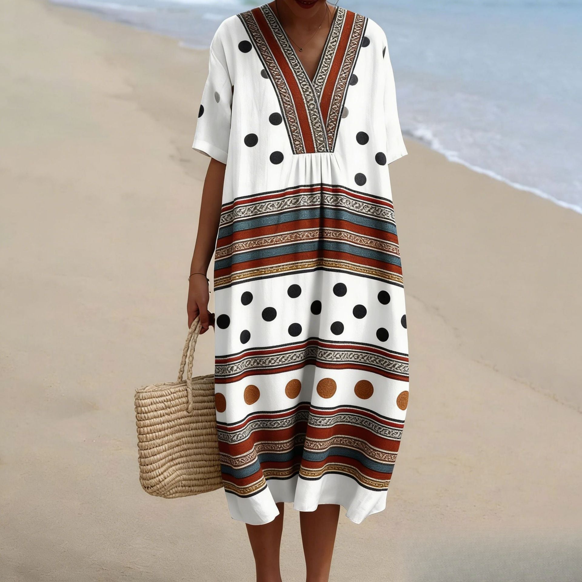 Bohemian Style Polka Dots Teacher V-neck Resort Dress